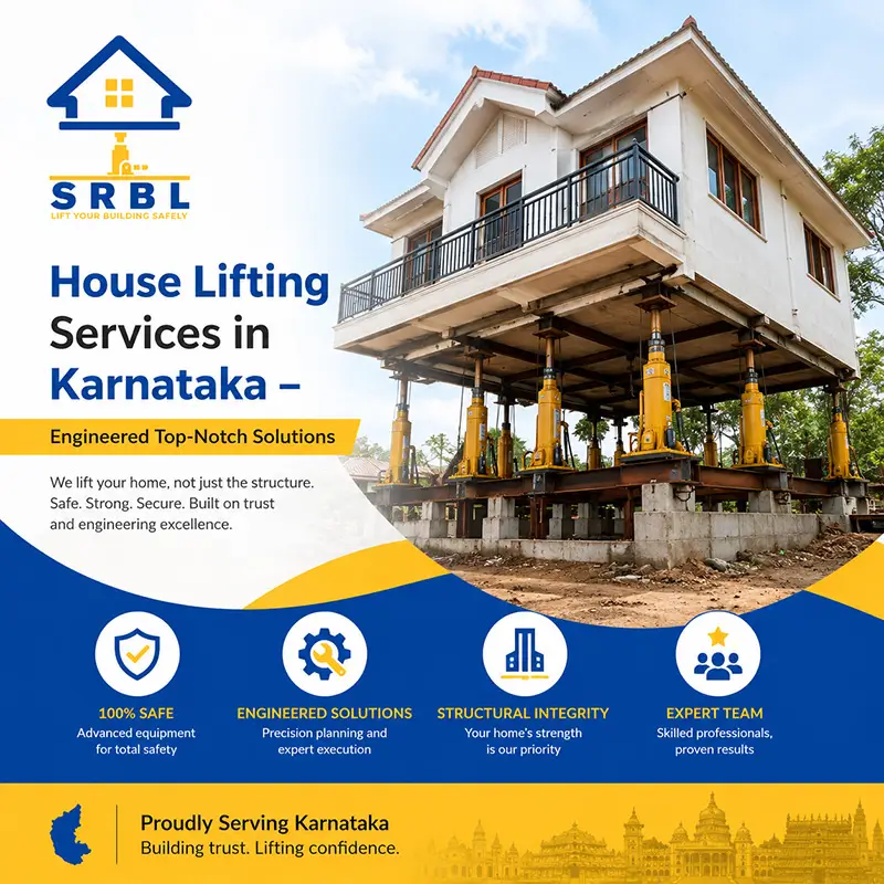 SRBL House Lifting Company providing professional house lifting services in Karnataka using advanced hydraulic jack technology for safe building elevation and foundation strengthening.