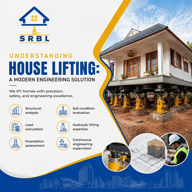 House lifting project by SRBL House Lifting Company showing hydraulic lifting equipment, structural assessment, and engineering supervision.