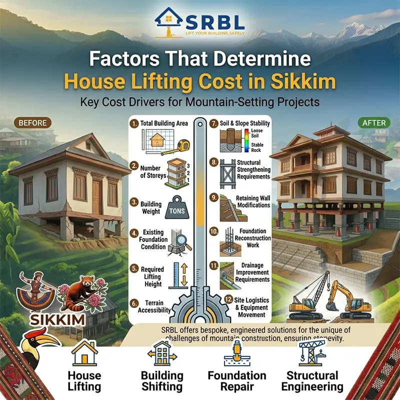 Factors affecting house lifting cost in Sikkim by SRBL House Lifting Company, including building area, number of storeys, building weight, foundation condition, lifting height, terrain accessibility, soil stability, structural strengthening, and foundation reconstruction.