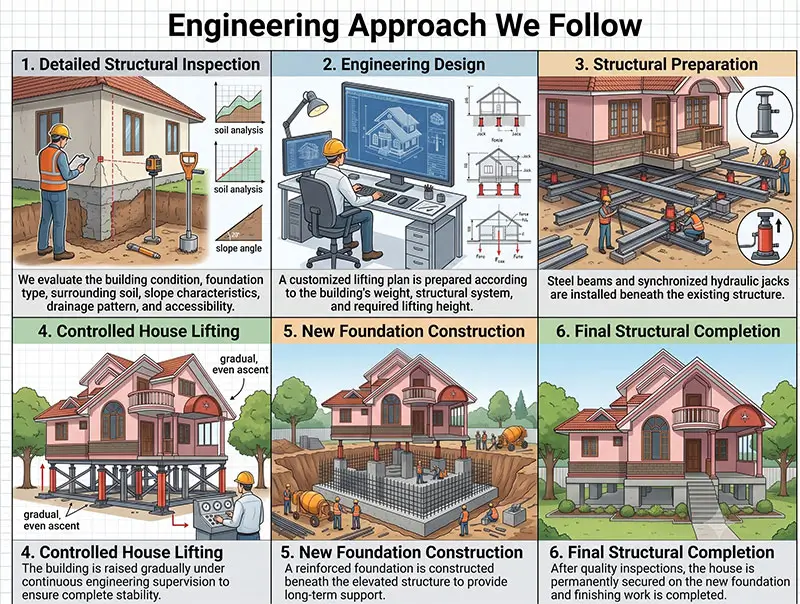 Engineering approach for house lifting showing detailed structural inspection, engineering design, structural preparation, controlled hydraulic lifting, new foundation construction, and final structural completion.