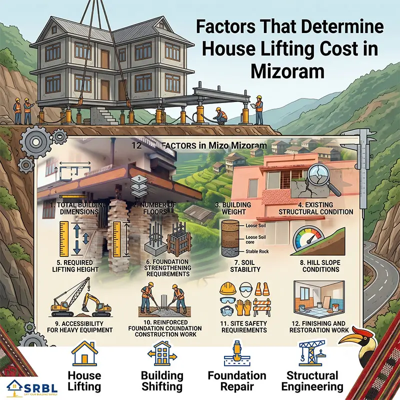 Infographic explaining the factors that determine house lifting costs in Mizoram, including building dimensions, floors, structural condition, soil stability, hill slope, foundation requirements, lifting height, equipment access, and restoration work.