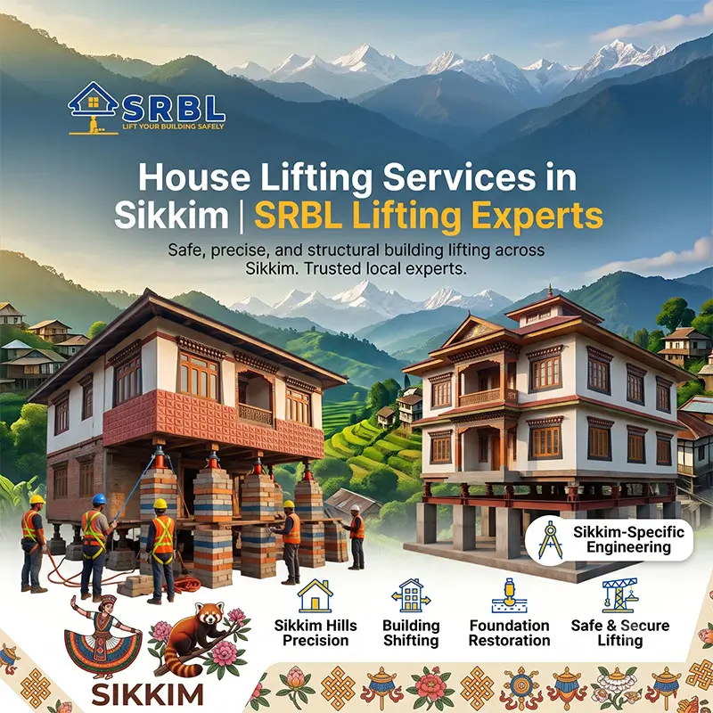 House lifting services in Sikkim by SRBL House Lifting Company showing a residential building being safely elevated using hydraulic jacks with Sikkim-specific structural engineering, foundation restoration, and building lifting expertise.