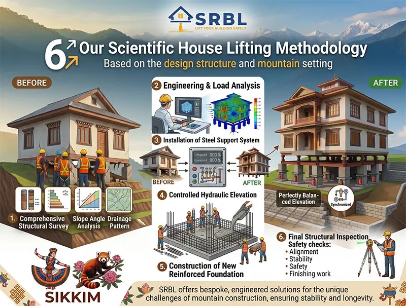 Scientific house lifting methodology in Sikkim by SRBL House Lifting Company showing structural survey, engineering analysis, steel support installation, controlled hydraulic lifting, reinforced foundation construction, and final structural inspection.