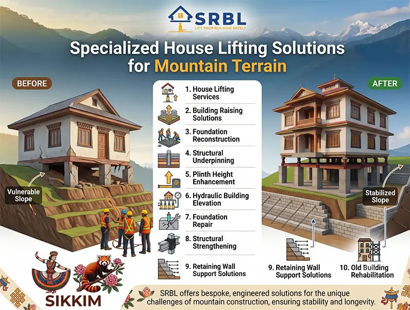 Specialized house lifting solutions in Sikkim by SRBL House Lifting Company showing hydraulic house lifting, building raising, foundation reconstruction, structural underpinning, retaining wall support, and mountain terrain engineering.