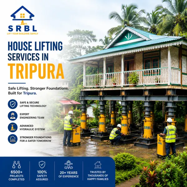 Traditional house in Tripura being safely lifted using advanced hydraulic jacks by SRBL House Lifting Company for foundation strengthening, structural stability, and long-term building protection.