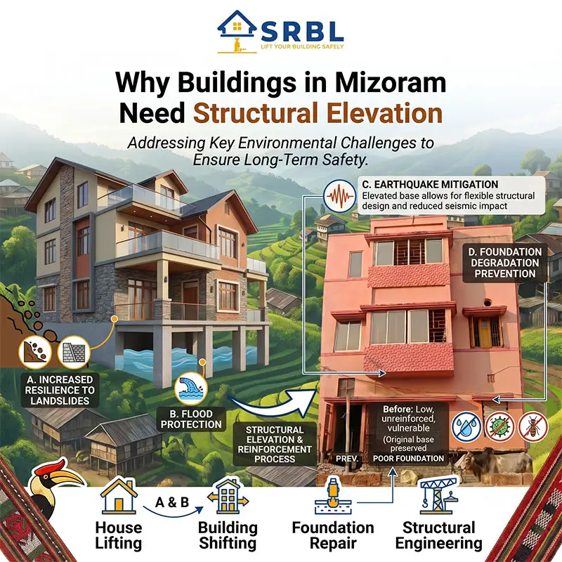 Structural elevation solutions in Mizoram by SRBL House Lifting Company showing house lifting, building shifting, foundation repair, and earthquake-resistant foundation strengthening for hilly terrain.