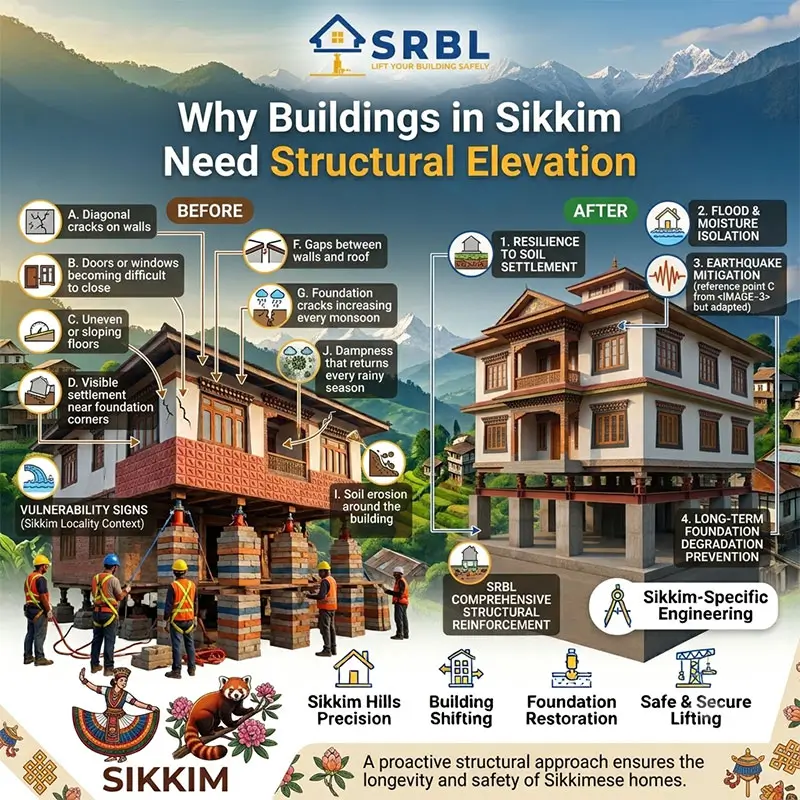 Structural elevation solutions in Sikkim by SRBL House Lifting Company showing house lifting, foundation restoration, soil settlement protection, earthquake-resistant engineering, flood protection, and reinforced foundation systems.