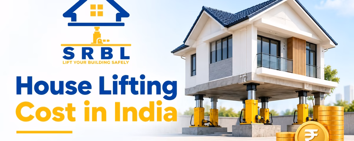 House lifting cost in India banner showing an SRBL-branded house raised with hydraulic jacks and a rupee symbol representing service cost.