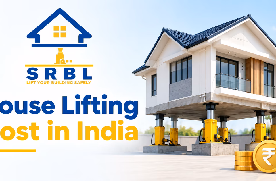 House lifting cost in India banner showing an SRBL-branded house raised with hydraulic jacks and a rupee symbol representing service cost.