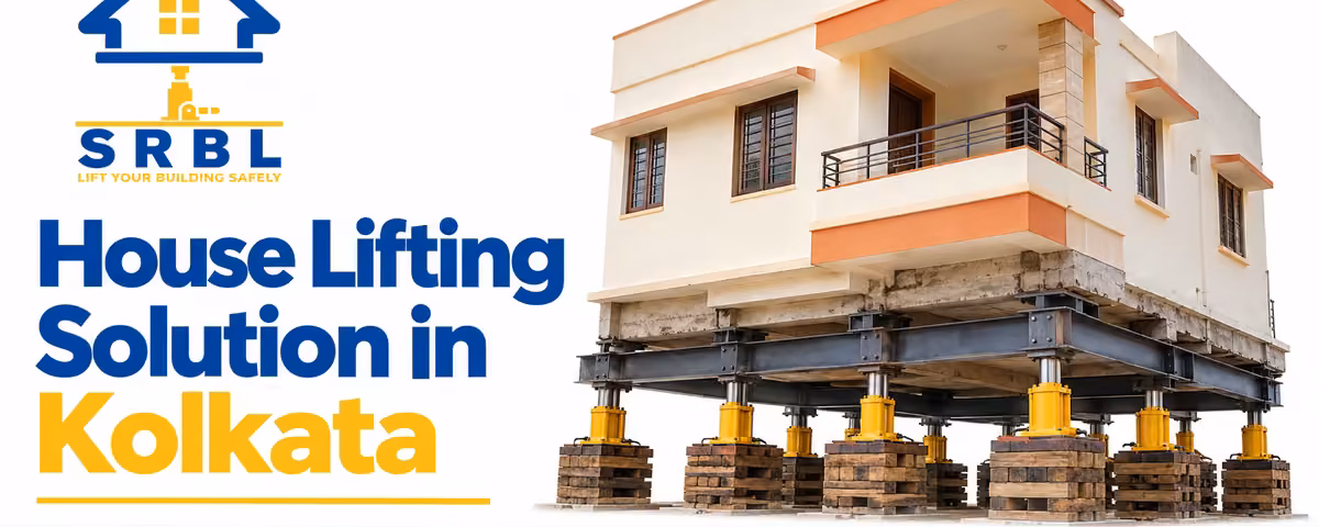 SRBL house lifting solution in Kolkata, showing a two-storey house supported by steel beams, hydraulic jacks and timber cribbing.